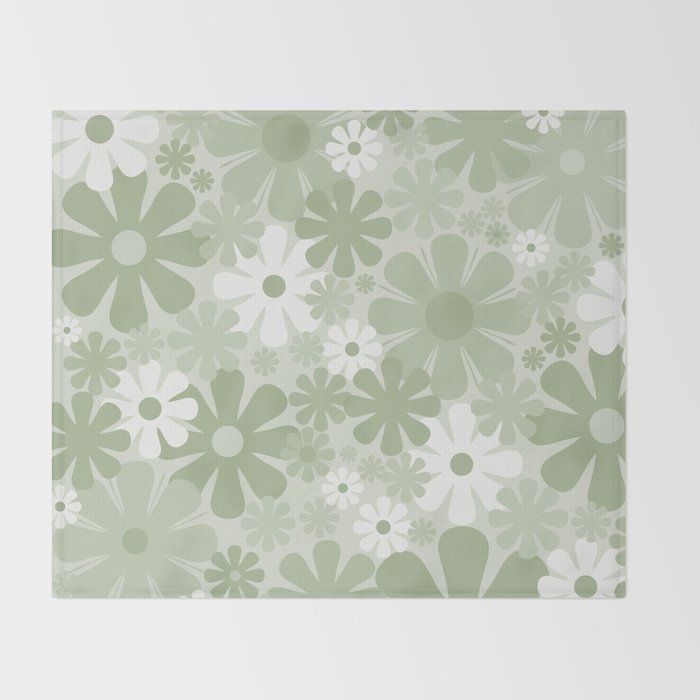 Retro 60s 70s Aesthetic Floral Pattern in Pretty Pastel Sage Green Throw Blanket Gallery Image 2