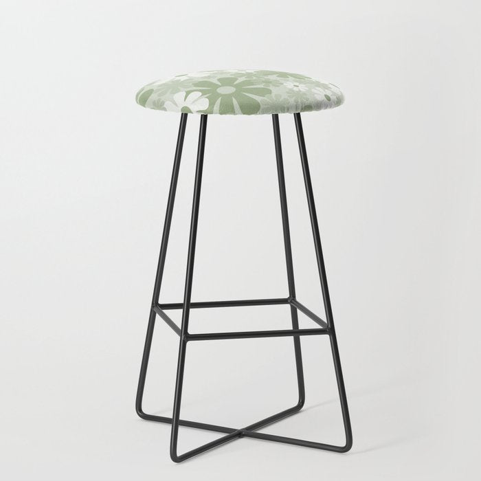Retro 60s 70s Aesthetic Floral Pattern in Pretty Pastel Sage Green Stool Gallery Image 1