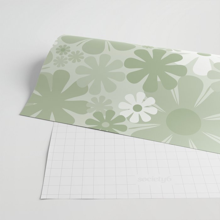 Retro 60s 70s Aesthetic Floral Pattern in Pretty Pastel Sage Green Wrapping Paper Gallery Image 2