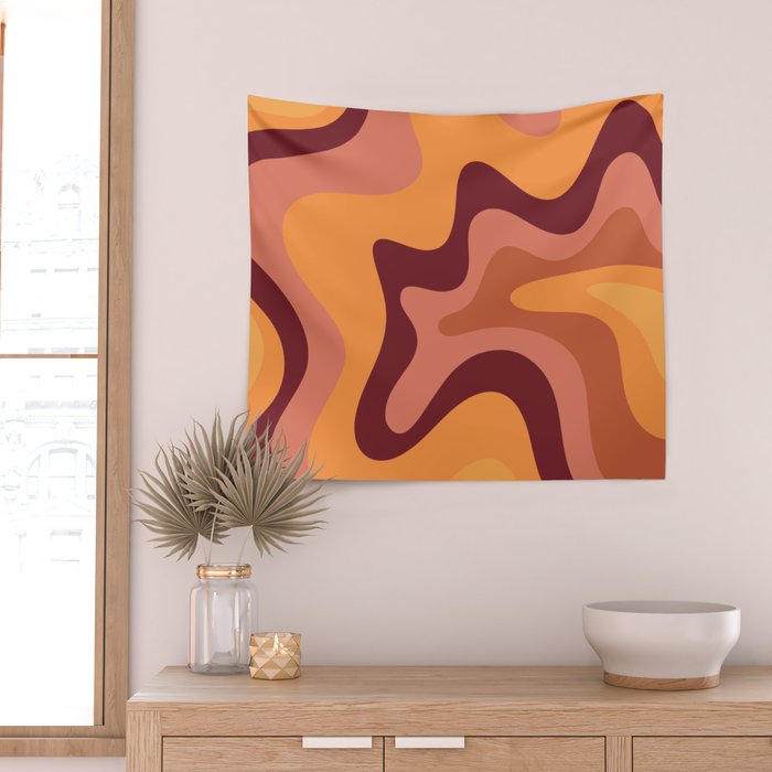 Retro Liquid Swirl Abstract Pattern Square in Warm Terracotta Earth Tones Wall Tapestry Gallery Image 2