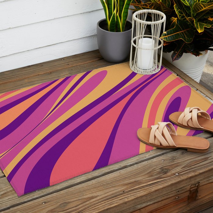 Fluid Vibes Retro Aesthetic Swirl Abstract Mustard Magenta Purple Orange Outdoor Rug Gallery Image 2