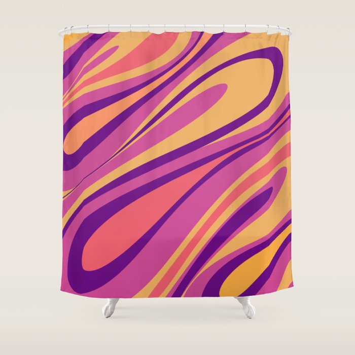 Fluid Vibes Retro Aesthetic Swirl Abstract Mustard Magenta Purple Orange Shower Curtain Gallery Image 1