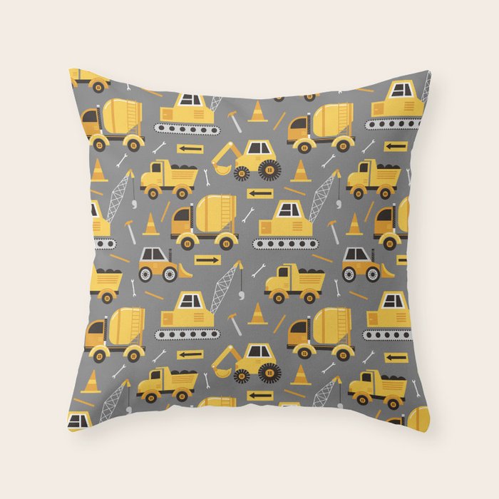 Construction Trucks on Gray Throw Pillow Gallery Image 6