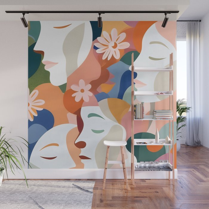 Facing The Flowers, Motivational Positive Mindset Growth Illustration, Human People Face Expression, Hope Optimism Floral Botanical Painting Wall Mural Gallery Image 1