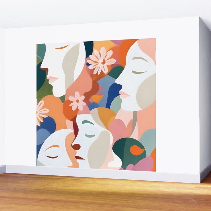 Facing The Flowers, Motivational Positive Mindset Growth Illustration, Human People Face Expression, Hope Optimism Floral Botanical Painting Wall Mural Gallery Image 2