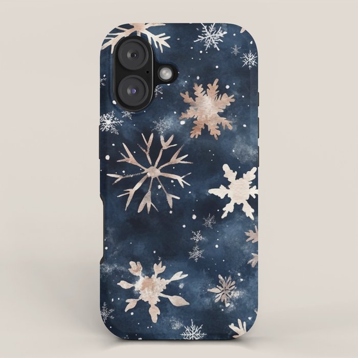 Dark Blue Night Gold Winter Snowflakes Watercolor Illustration iPhone Case Gallery Image 1