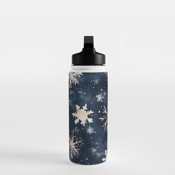 Dark Blue Night Gold Winter Snowflakes Watercolor Illustration Water Bottle Gallery Image 3