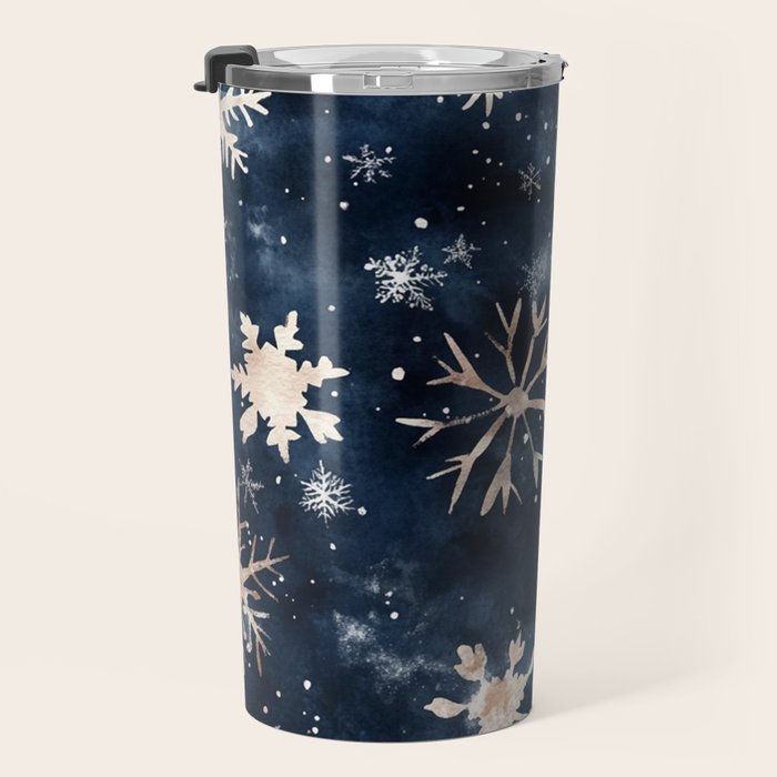Dark Blue Night Gold Winter Snowflakes Watercolor Illustration Travel Mug Gallery Image 3