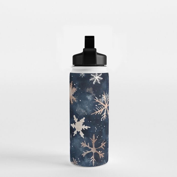 Dark Blue Night Gold Winter Snowflakes Watercolor Illustration Water Bottle Gallery Image 2