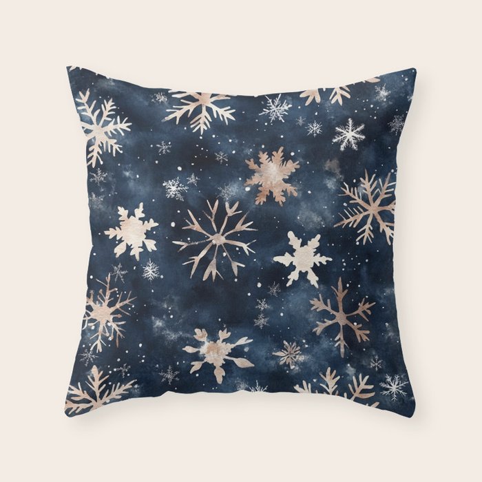 Dark Blue Night Gold Winter Snowflakes Watercolor Illustration Throw Pillow Gallery Image 6