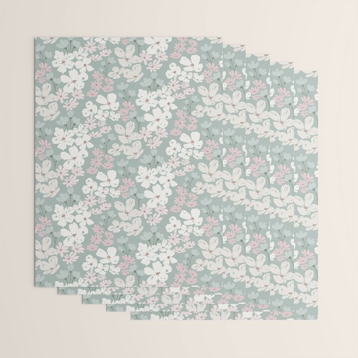 Soft meadow blooms - muted mint, dusty green, pink and beige floral pattern Wrapping Paper Gallery Image 3