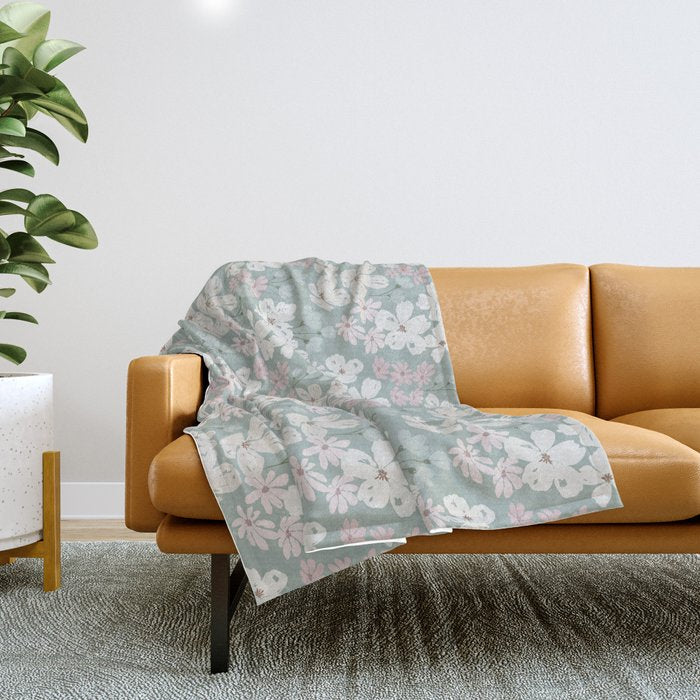 Soft meadow blooms - muted mint, dusty green, pink and beige floral pattern Throw Blanket Gallery Image 1