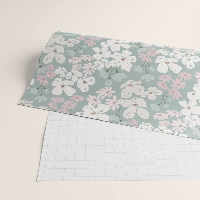 Soft meadow blooms - muted mint, dusty green, pink and beige floral pattern Wrapping Paper Gallery Image 2