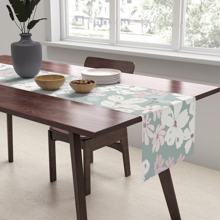 Soft meadow blooms - muted mint, dusty green, pink and beige floral pattern Table Runner Gallery Image 2