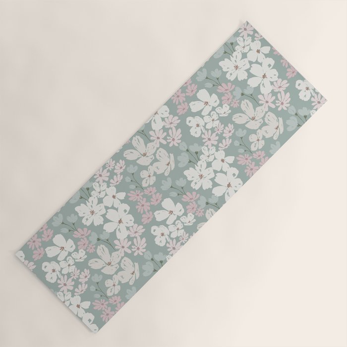 Soft meadow blooms - muted mint, dusty green, pink and beige floral pattern Yoga Mat Gallery Image 1