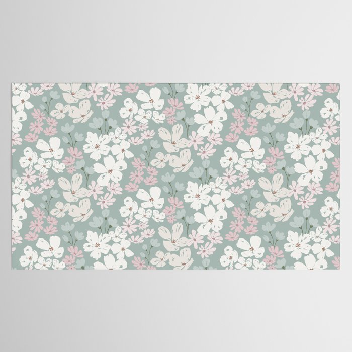 Soft meadow blooms - muted mint, dusty green, pink and beige floral pattern Tablecloth Gallery Image 2