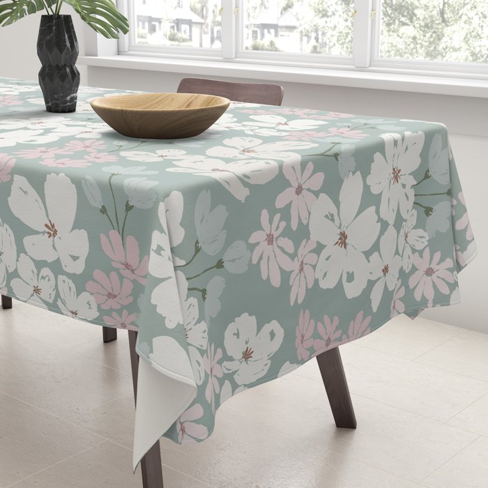 Soft meadow blooms - muted mint, dusty green, pink and beige floral pattern Tablecloth Gallery Image 3
