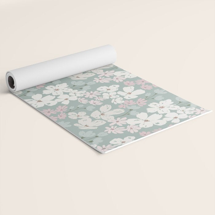 Soft meadow blooms - muted mint, dusty green, pink and beige floral pattern Yoga Mat Gallery Image 2