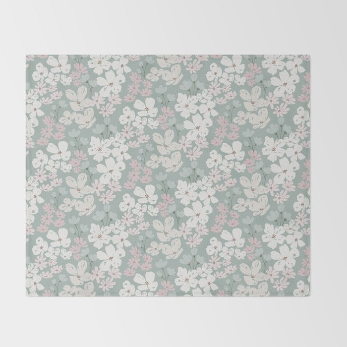 Soft meadow blooms - muted mint, dusty green, pink and beige floral pattern Throw Blanket Gallery Image 2