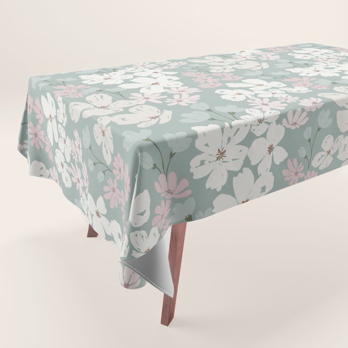 Soft meadow blooms - muted mint, dusty green, pink and beige floral pattern Tablecloth Gallery Image 1