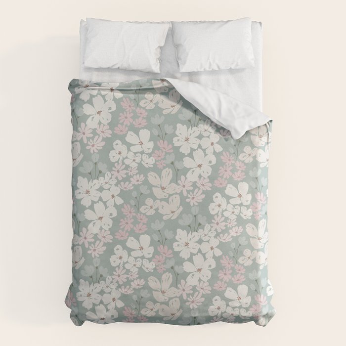 Soft meadow blooms - muted mint, dusty green, pink and beige floral pattern Duvet Cover Gallery Image 6