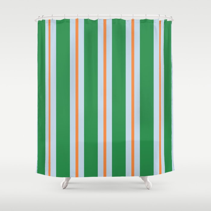 Bold Stripe Pattern in Green, Baby Blue, and Orange Shower Curtain Gallery Image 1