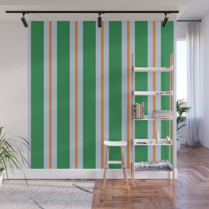 Bold Stripe Pattern in Green, Baby Blue, and Orange Wall Mural Gallery Image 1