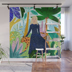 African Safari, Colorful Tropical Jungle Travel, Botanical Watercolor, Blonde Woman with a Leopard Wall Mural Gallery Image 1
