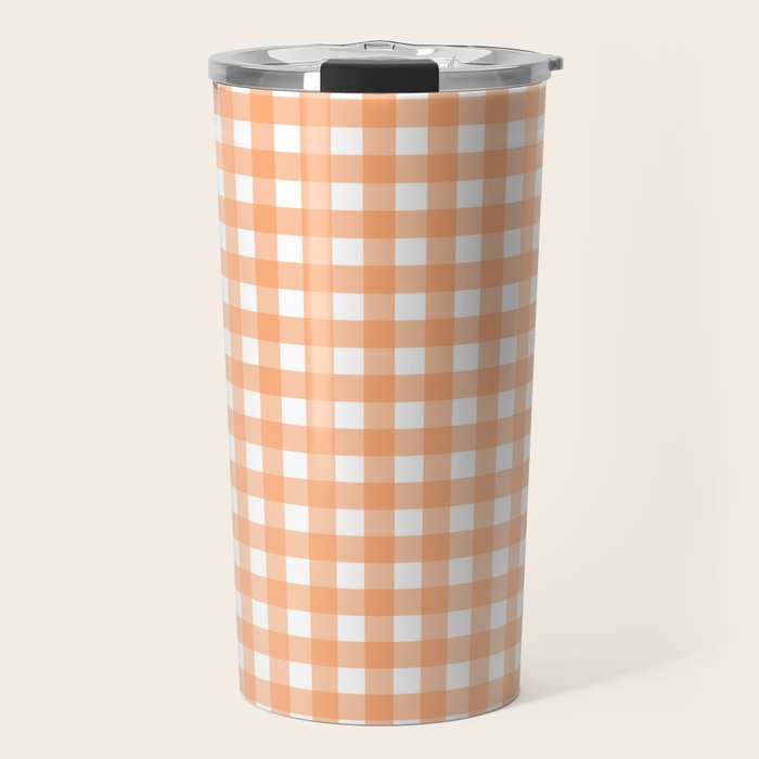 Gingham Check Pattern in Light Pastel Orange and White Travel Mug Gallery Image 1