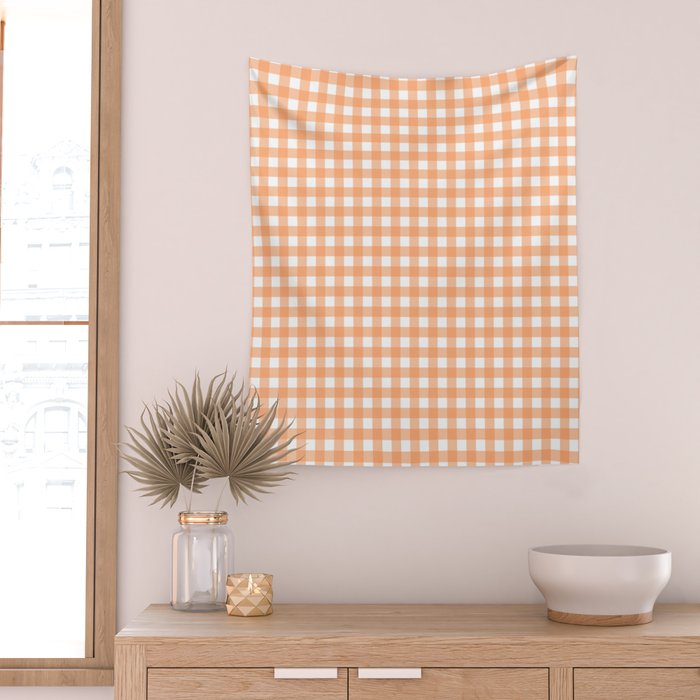 Gingham Check Pattern in Light Pastel Orange and White Wall Tapestry Gallery Image 2