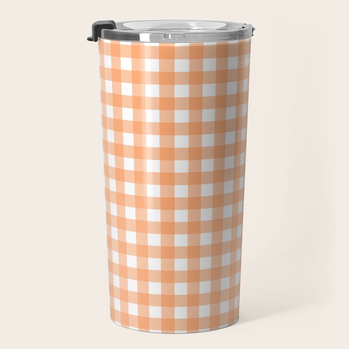 Gingham Check Pattern in Light Pastel Orange and White Travel Mug Gallery Image 3
