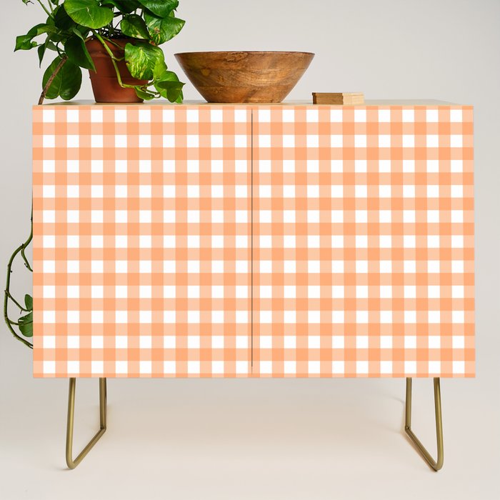 Gingham Check Pattern in Light Pastel Orange and White Credenza Gallery Image 1