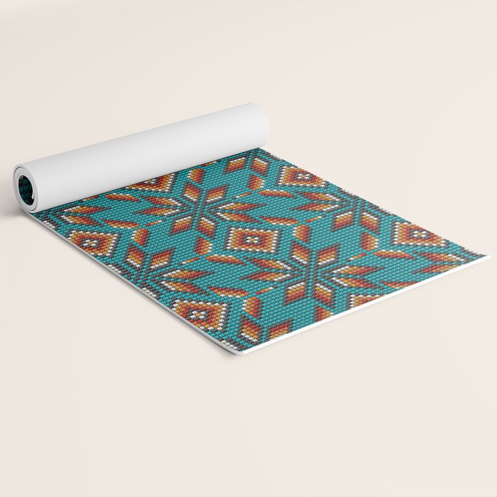 Modern colorful beaded boho aztec kilim pattern on teal Yoga Mat Gallery Image 2