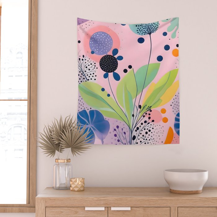 Dream Botanicals, Plants Nature Vintage Illustrations, Eclectic Garden Bohemian Painting, Floral Spring Summer Blossom Blush Wall Tapestry Gallery Image 2