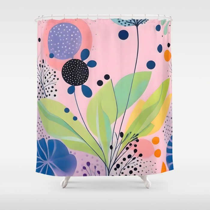 Dream Botanicals, Plants Nature Vintage Illustrations, Eclectic Garden Bohemian Painting, Floral Spring Summer Blossom Blush Shower Curtain Gallery Image 1