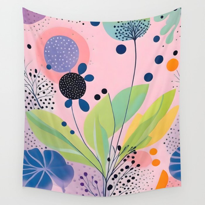 Dream Botanicals, Plants Nature Vintage Illustrations, Eclectic Garden Bohemian Painting, Floral Spring Summer Blossom Blush Wall Tapestry Gallery Image 1
