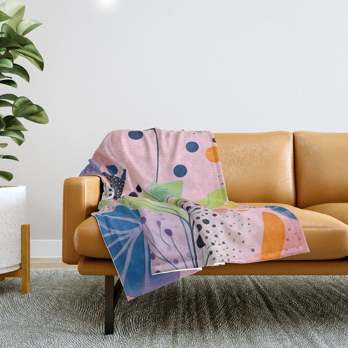 Dream Botanicals, Plants Nature Vintage Illustrations, Eclectic Garden Bohemian Painting, Floral Spring Summer Blossom Blush Throw Blanket Gallery Image 1