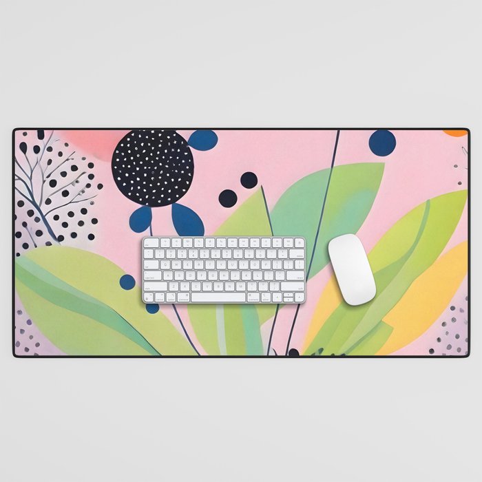 Dream Botanicals, Plants Nature Vintage Illustrations, Eclectic Garden Bohemian Painting, Floral Spring Summer Blossom Blush Desk Mat Gallery Image 1