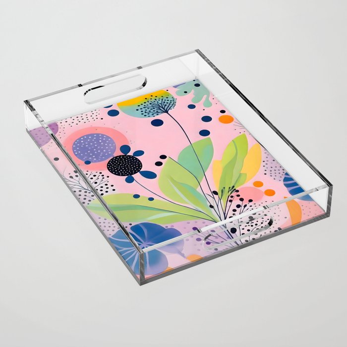 Dream Botanicals, Plants Nature Vintage Illustrations, Eclectic Garden Bohemian Painting, Floral Spring Summer Blossom Blush Acrylic Tray Gallery Image 1