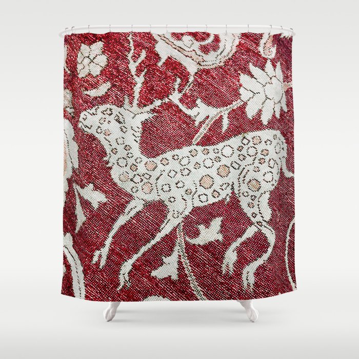 Spotted Fawn From Antique Persian Animal Rug Print Shower Curtain Gallery Image 1