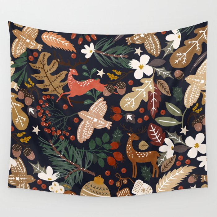 Christmas night forest ornaments Wall Tapestry Gallery Image 1