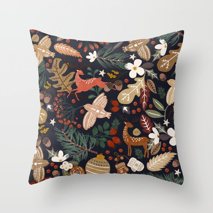 Christmas night forest ornaments Throw Pillow Gallery Image 6