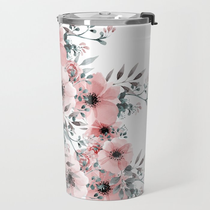 Watercolor Flower, Blush Pink and Gray, Floral Prints Travel Mug Gallery Image 2