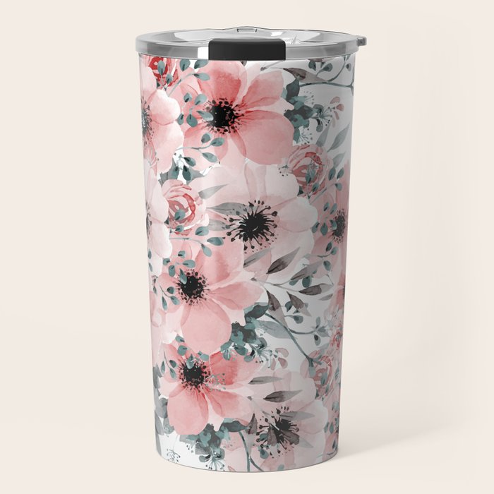 Watercolor Flower, Blush Pink and Gray, Floral Prints Travel Mug Gallery Image 1