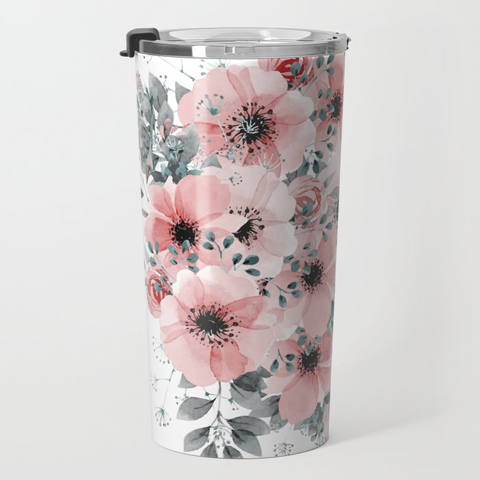 Watercolor Flower, Blush Pink and Gray, Floral Prints Travel Mug Gallery Image 3
