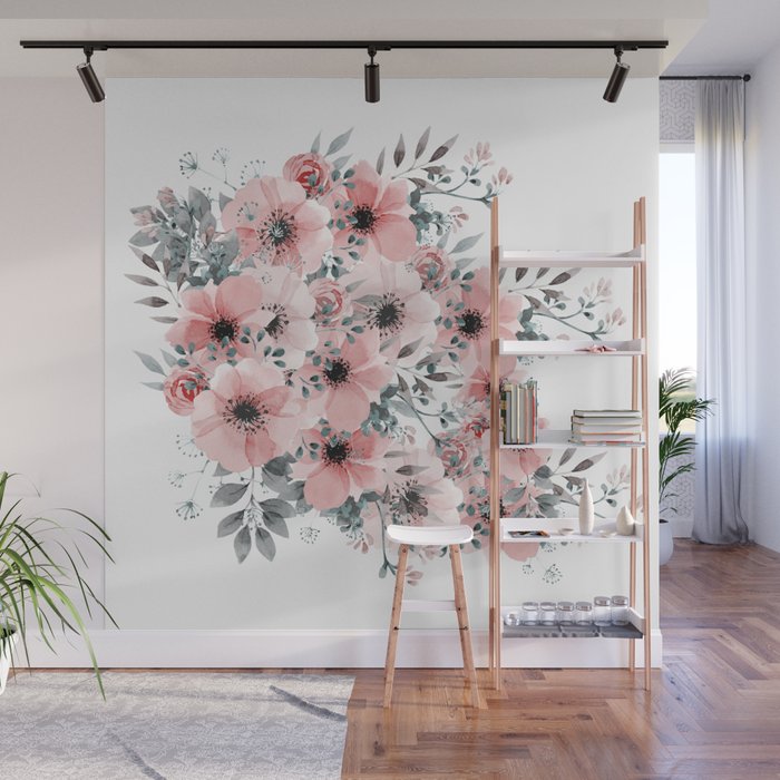 Watercolor Flower, Blush Pink and Gray, Floral Prints Wall Mural Gallery Image 1