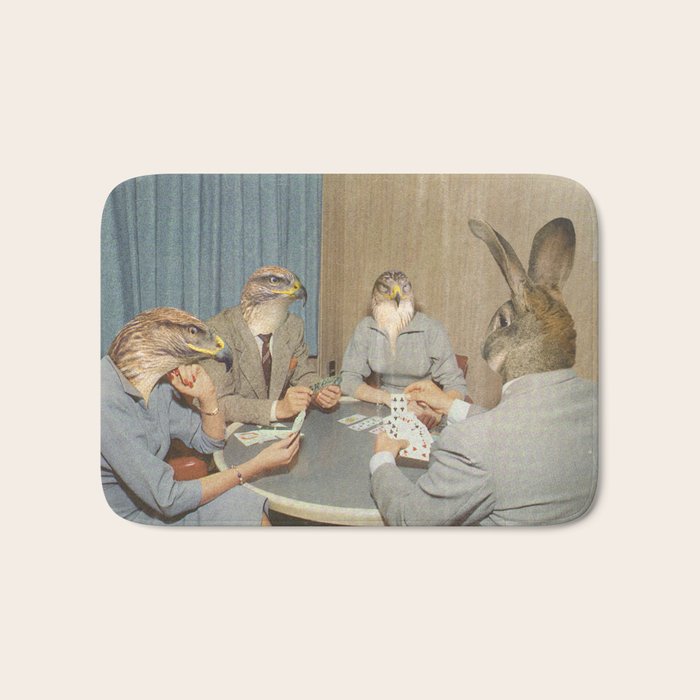 Too Late Mr. Hudson - Birds of prey playing poker with a rabbit in a casino Bath Mat Gallery Image 1