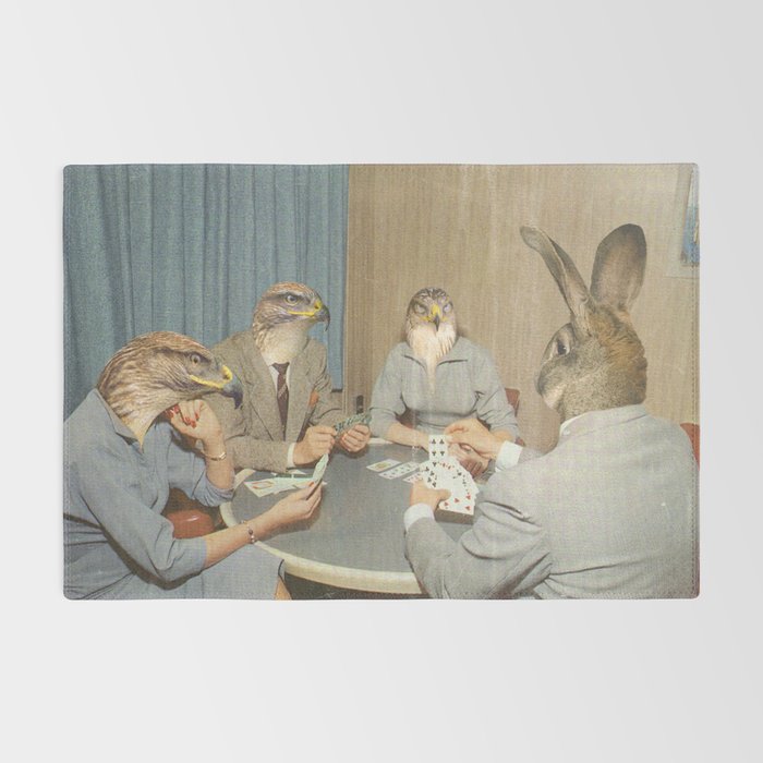Too Late Mr. Hudson - Birds of prey playing poker with a rabbit in a casino Rug Gallery Image 2