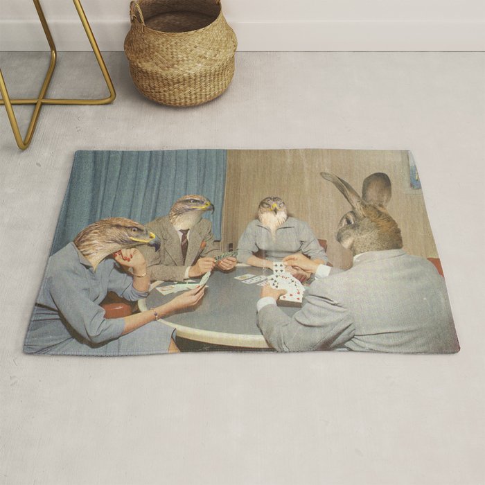 Too Late Mr. Hudson - Birds of prey playing poker with a rabbit in a casino Rug Gallery Image 1