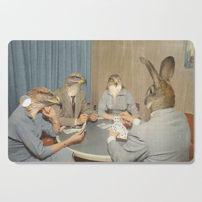 Too Late Mr. Hudson - Birds of prey playing poker with a rabbit in a casino Cutting Board Gallery Image 1